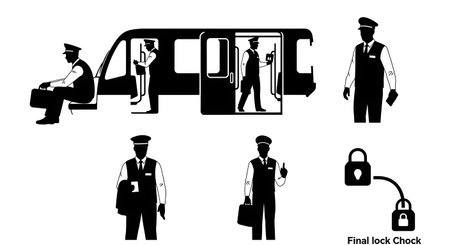 Black Solid Metro Operator Cabin Exit Silhouettes Collection on White Background isolated on plain white background.のイラスト素材