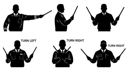 Black Solid Ground Crew Turn Signal Silhouettes Set of Six isolated on plain white background.のイラスト素材