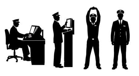 Black Solid Metro Daily Shutdown Operator Silhouettes Set on White Background isolated on plain white background.のイラスト素材