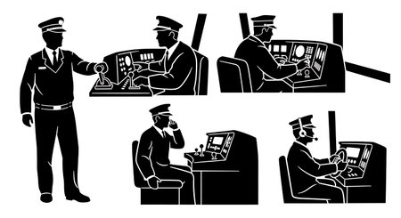 Black Solid Metro Operator Cabin Control Silhouettes Set of Six on White Background isolated on plain white background.のイラスト素材