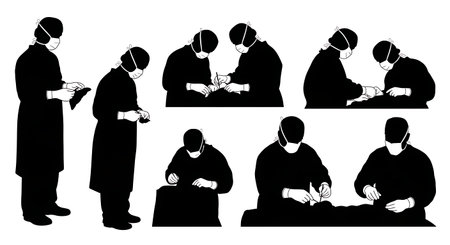 Black Solid Liver Transplant Surgeon Silhouettes Collection on White Background isolated on plain white background.のイラスト素材