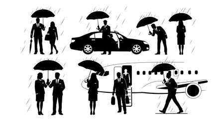 Black Solid Ground Crew Umbrella Silhouettes Set of Six isolated on plain white background.のイラスト素材