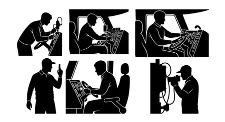 Black Solid Metro Cabin Technical Inspection Silhouettes Collection on White Background isolated on plain white background.のイラスト素材