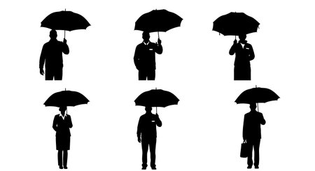 Black Solid Ground Crew Umbrella Silhouettes Set of Six isolated on plain white background.のイラスト素材