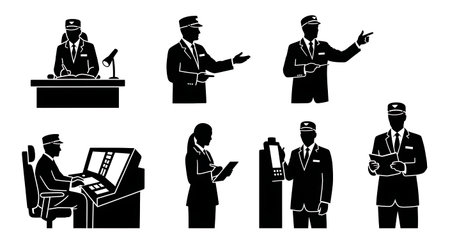 Black Solid Metro Operator Training Workshop Silhouettes Set of Six on White Background isolated on plain white background.のイラスト素材