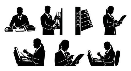 Black Solid Metro Next Shift Documentation Preparation Silhouettes Set on White Background isolated on plain white background.のイラスト素材