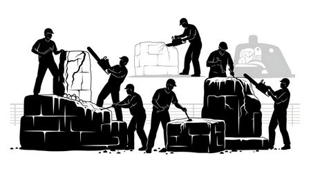 Black Solid Ice Sculptor Carving Silhouettes Set of Six isolated on plain white background.のイラスト素材