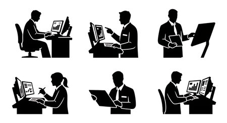 Black Solid Metro Performance Metrics Review Silhouettes Collection on White Background isolated on plain white background.のイラスト素材