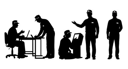 Black Solid Metro Safety Debrief Meeting Silhouettes Set of Six on White Background isolated on plain white background.のイラスト素材