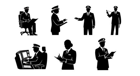 Black Solid Metro Operator Training Workshop Silhouettes Set of Six on White Background isolated on plain white background.のイラスト素材