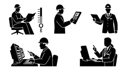 Black Solid Metro Traction Motor Temperature Check Silhouettes Collection on White Background isolated on plain white background.のイラスト素材