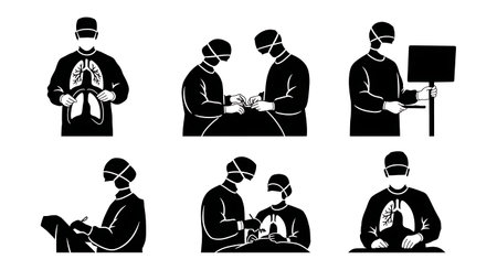 Black Solid Lung Transplant Surgeon Silhouettes Set of Six on White Background isolated on plain white background.のイラスト素材