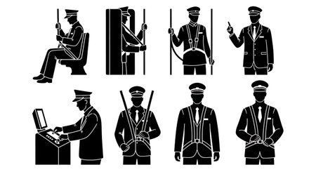 Black Solid Metro Seatbelt Safety Adjustment Silhouettes Set on White Background isolated on plain white background.のイラスト素材