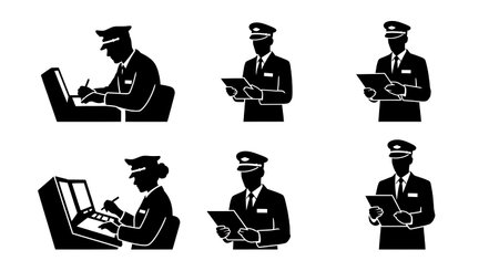Black Solid Metro Incident Report Documentation Silhouettes Set on White Background isolated on plain white background.のイラスト素材