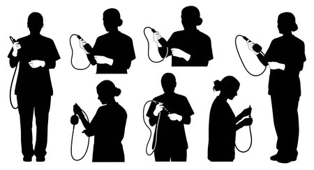 Black Solid Nurse Drawing Blood Silhouettes Set of Six isolated on plain white background.のイラスト素材