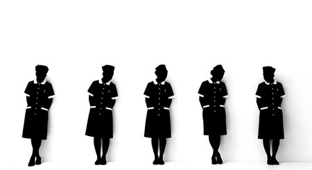 Black Solid Nurse Leaning Wall Silhouettes Set of Six isolated on plain white background.