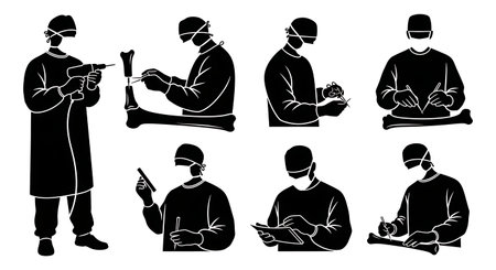 Black Solid Orthopedic Surgeon Bone Surgery Silhouettes Set on White Background isolated on plain white background.のイラスト素材