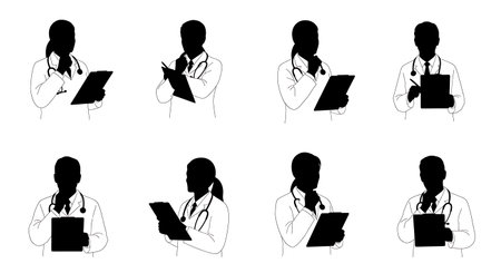 Black Solid Pharmacist Clipboard Thinking Silhouettes Set of Six isolated on plain white background.のイラスト素材