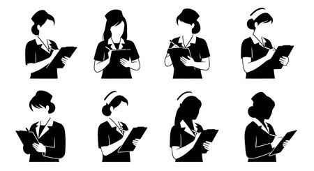 Black Solid Nurse Writing Clipboard Silhouettes Set of Six isolated on plain white background.のイラスト素材