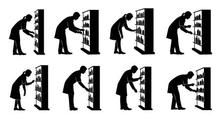 Black Solid Pharmacist Bending Shelf Silhouettes Set of Six isolated on plain white background.のイラスト素材