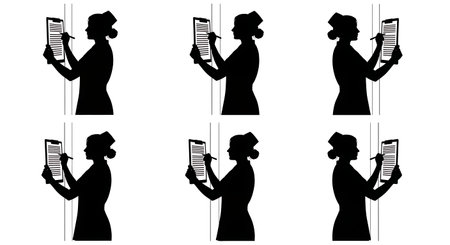 Black Solid Nurse Writing Wall Silhouettes Set of Six isolated on plain white background.のイラスト素材