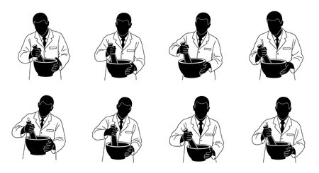 Black Solid Pharmacist Mortar Pestle Silhouettes Set of Six isolated on plain white background.のイラスト素材