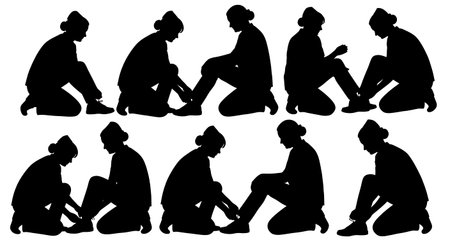 Black Solid Nurse Tying Shoe Silhouettes Set of Six isolated on plain white background.のイラスト素材
