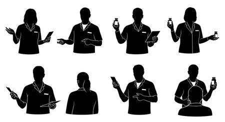 Black Solid Pharmacist Counseling Silhouettes Set of Six isolated on plain white background.のイラスト素材