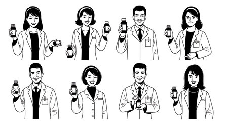 Black Solid Pharmacist Friendly Bottle Silhouettes Set of Six isolated on plain white background.のイラスト素材