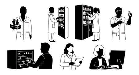 Black Solid Pharmacist Glove Box Silhouettes Set of Six isolated on plain white background.のイラスト素材