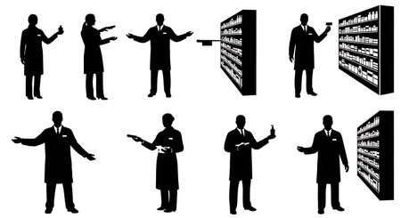 Black Solid Pharmacist Pointing Aisle Silhouettes Set of Six isolated on plain white background.のイラスト素材