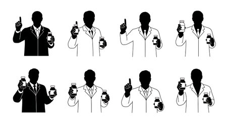 Black Solid Pharmacist Warning Gesture Silhouettes Set of Six isolated on plain white background.のイラスト素材
