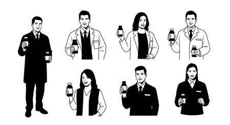 Black Solid Pharmacist Friendly Bottle Silhouettes Set of Six isolated on plain white background.のイラスト素材