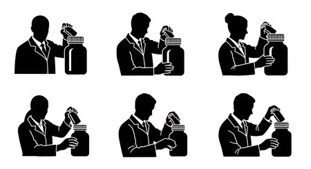 Black Solid Pharmacist Capping Bottle Silhouettes Set of Six isolated on plain white background.のイラスト素材