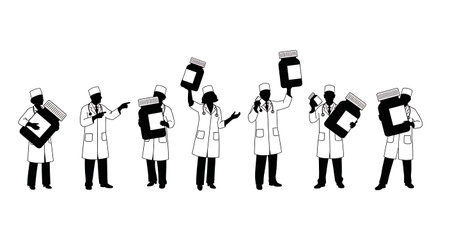 Black Solid Pharmacist Giant Bottle Silhouettes Set of Six isolated on plain white background.のイラスト素材