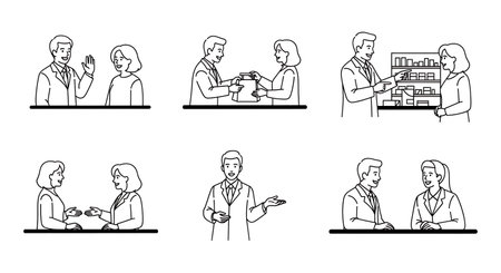 Black Solid Pharmacist Waving Silhouettes Set of Six isolated on plain white background.のイラスト素材