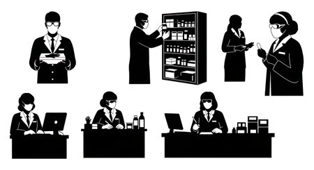 Black Solid Pharmacist Glove Box Silhouettes Set of Six isolated on plain white background.のイラスト素材