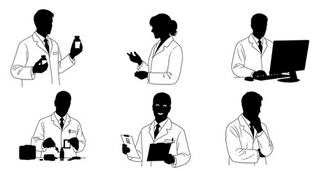 Black Solid Pharmacist Explaining Side Effects Silhouettes Set of Six isolated on plain white background.のイラスト素材