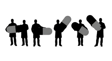 Black Solid Pharmacist Large Capsule Silhouettes Set of Six isolated on plain white background.のイラスト素材