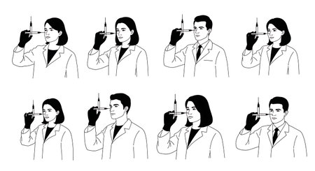 Black Solid Pharmacist Checking Syringe Silhouettes Set of Six isolated on plain white background.のイラスト素材