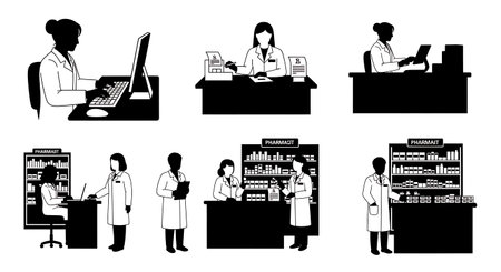 Black Solid Pharmacist Typing Silhouettes Set of Six isolated on plain white background.のイラスト素材