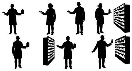 Black Solid Pharmacist Pointing Aisle Silhouettes Set of Six isolated on plain white background.のイラスト素材