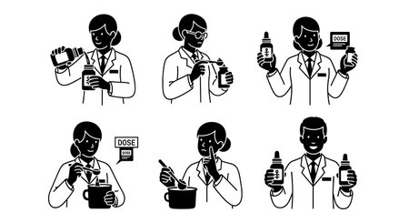 Black Solid Pharmacist Spoon Dose Silhouettes Set of Six isolated on plain white background.のイラスト素材