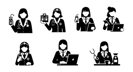 Black Solid Pharmacist Tablet Discuss Silhouettes Set of Six isolated on plain white background.のイラスト素材