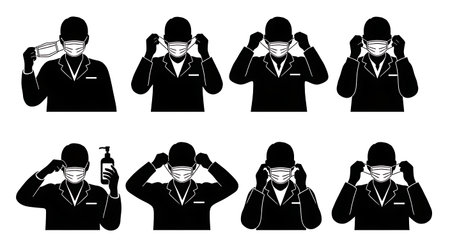 Black Solid Pharmacist Face Mask Silhouettes Set of Six isolated on plain white background.のイラスト素材