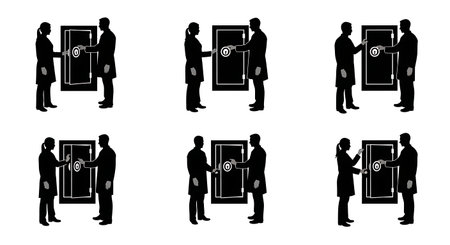 Black Solid Pharmacist Opening Safe Silhouettes Set of Six isolated on plain white background.のイラスト素材