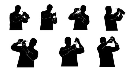 Black Solid Pharmacist Shaking Bottle Silhouettes Set of Six isolated on plain white background.のイラスト素材