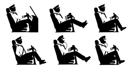 Black Solid Pilot Cockpit Steering Silhouettes Set of Six isolated on plain white background.のイラスト素材