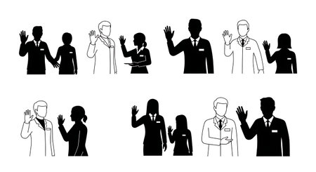Black Solid Pharmacist Waving Silhouettes Set of Six isolated on plain white background.のイラスト素材
