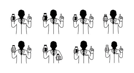 Black Solid Pharmacist Warning Gesture Silhouettes Set of Six isolated on plain white background.のイラスト素材